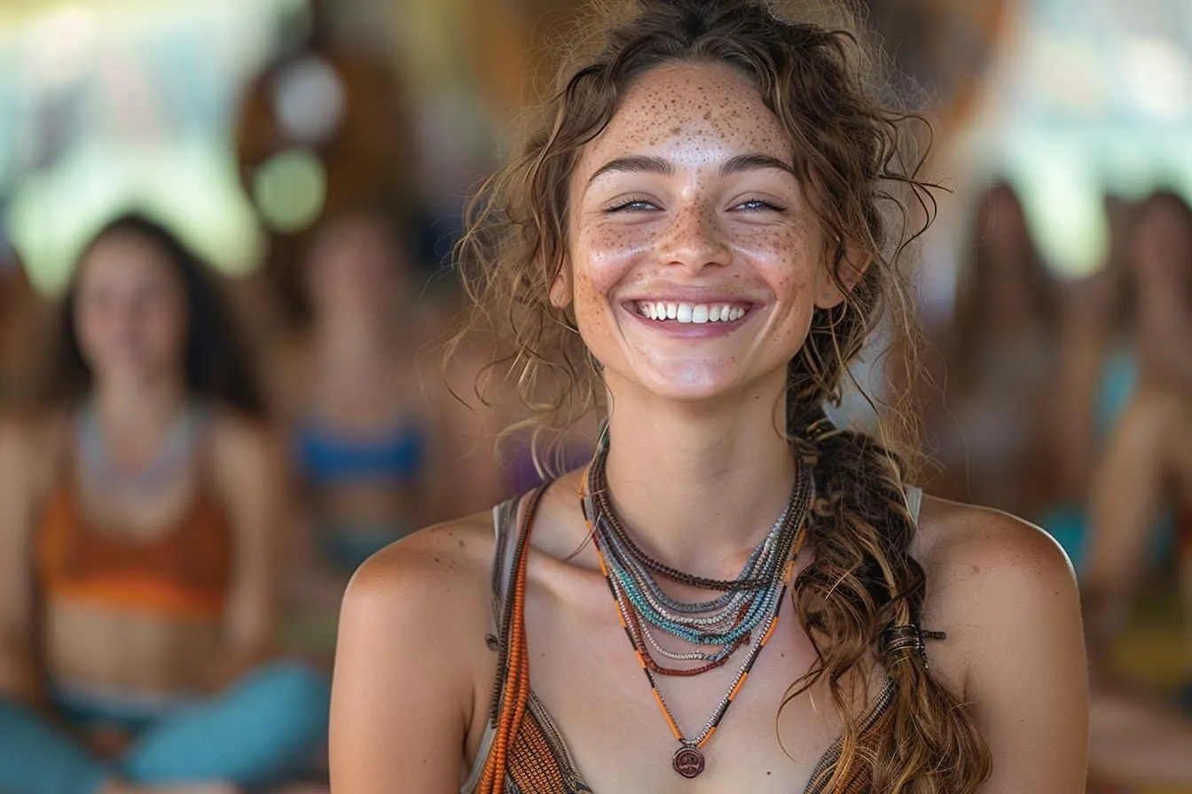 Jeune femme souriante avec taches de rousseur.
