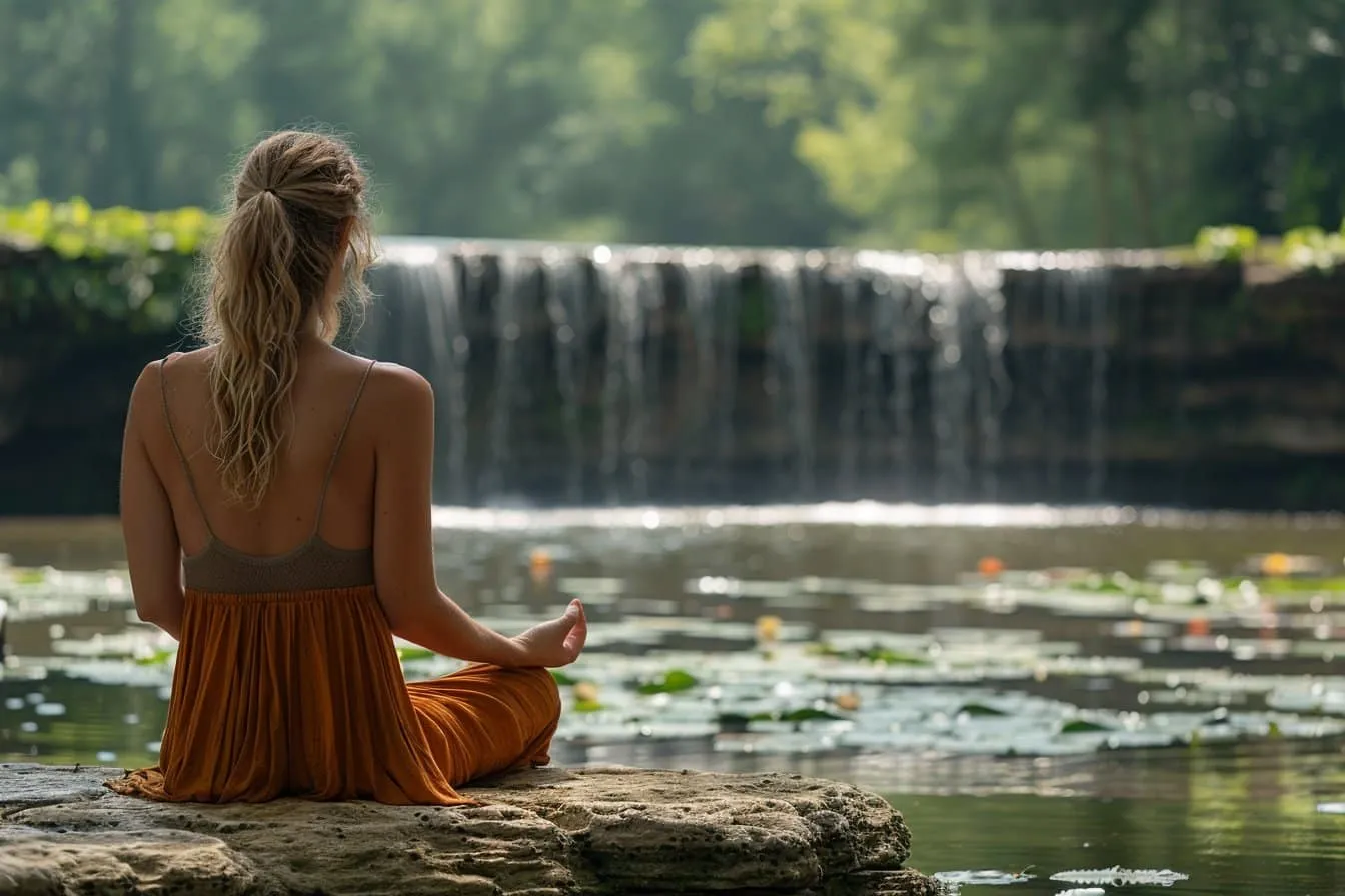 Femme méditant près d'une cascade paisible.
