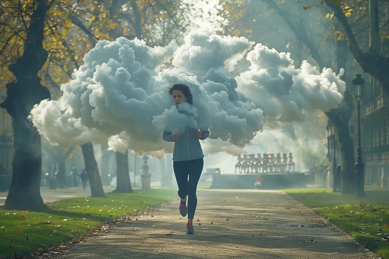 Femme courant avec nuage sur la tête.