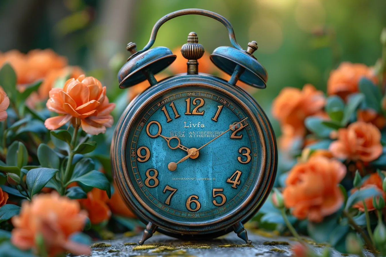 Réveil vintage entouré de fleurs oranges.