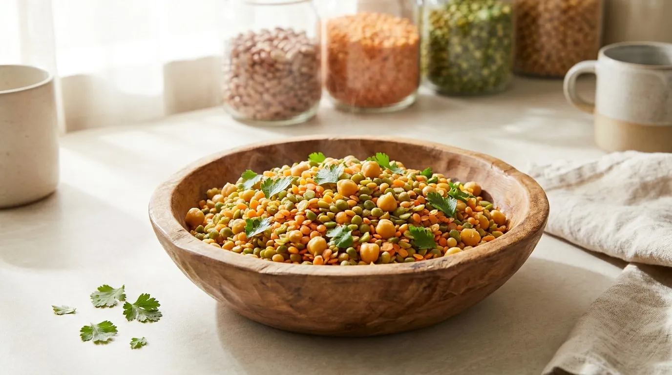 Un bol en bois rempli de lentilles et pois chiches cuits, avec des bocaux d'ingrédients secs en arrière-plan.