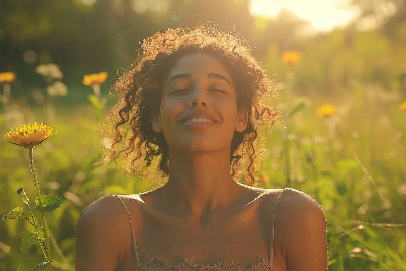 Femme sourit paisiblement, soleil couchant, champs fleuris.