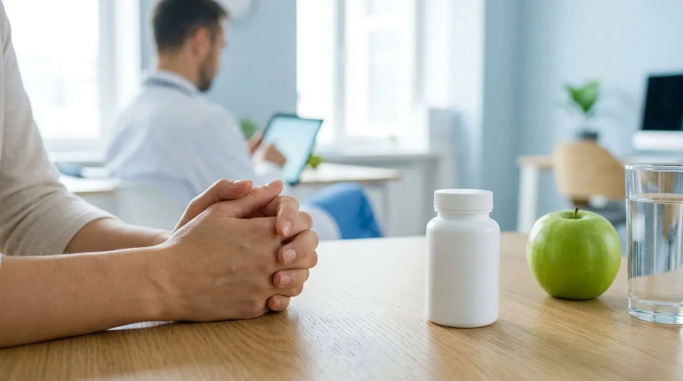 Mains posées sur une table avec un flacon de complément, une pomme verte et un verre d'eau, un médecin en arrière-plan.