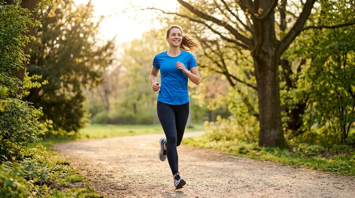 Une femme souriante en tenue de sport court sur un chemin boisé, baignée par la lumière dorée du soleil.