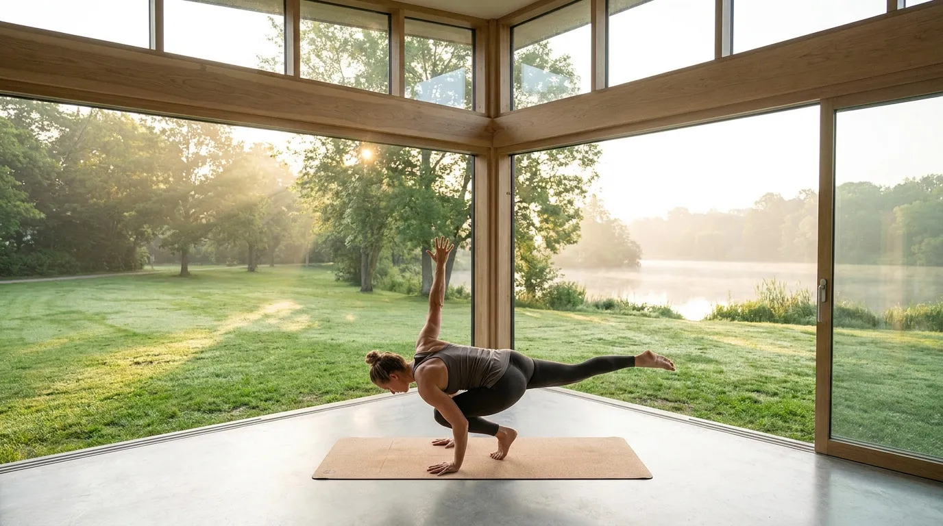 Une femme pratique une posture de yoga en équilibre sur les mains face à un paysage naturel au lever du jour.