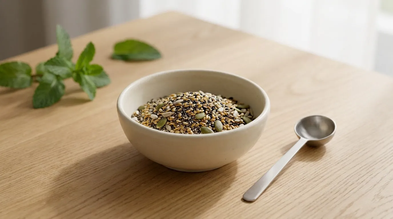 Un bol de mélange de graines (chia, courge, tournesol) posé sur une table en bois avec une cuillère et de la menthe.