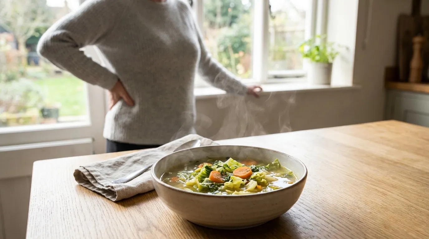 Un bol fumant de soupe aux légumes avec du chou, posé sur une table en bois devant une personne en arrière-plan.