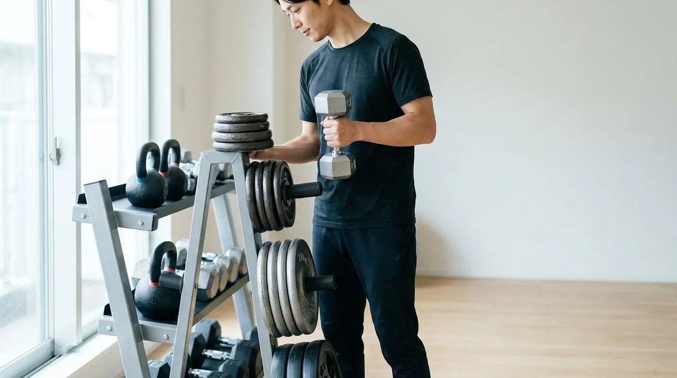 Un homme en t-shirt noir sélectionne un haltère sur un rack de rangement dans une salle de sport lumineuse.