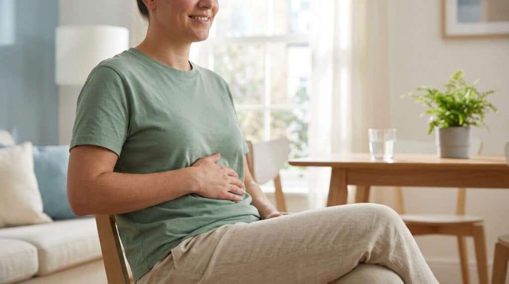 Une femme souriante assise dans son salon, la main posée sur son ventre, dans une atmosphère paisible.