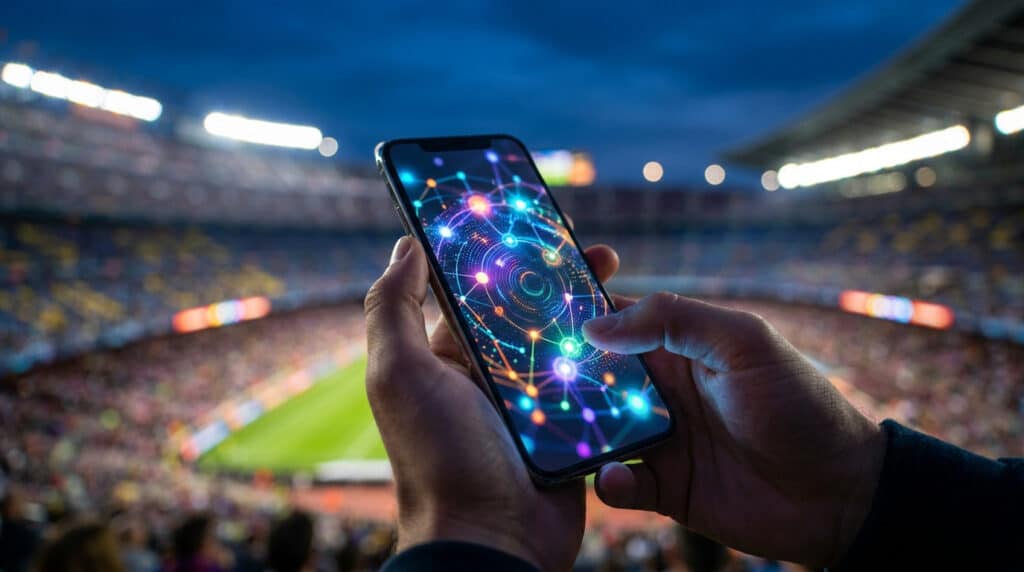 Mains tenant un smartphone affichant un réseau numérique coloré avec un stade de football flou en arrière-plan.