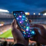 Mains tenant un smartphone affichant un réseau numérique coloré avec un stade de football flou en arrière-plan.