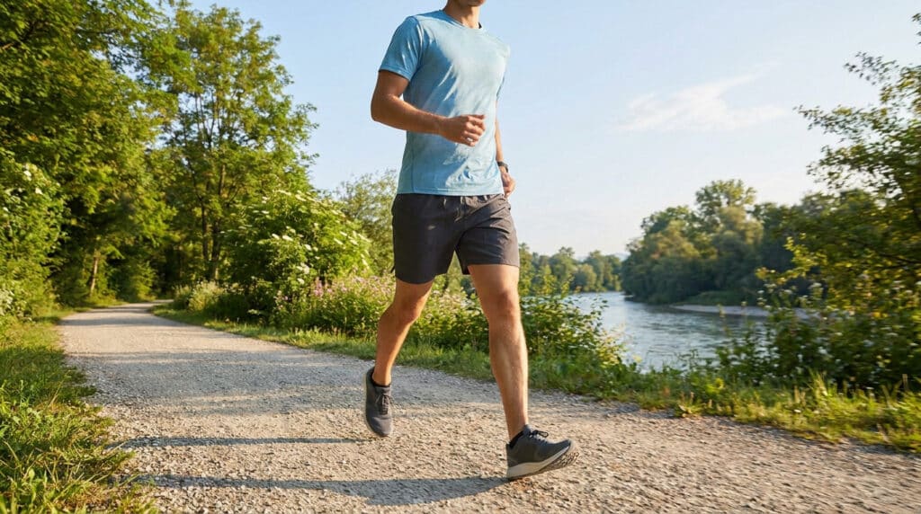 Un homme en tenue de sport court sur un chemin en terre au bord d'une rivière par une journée ensoleillée.