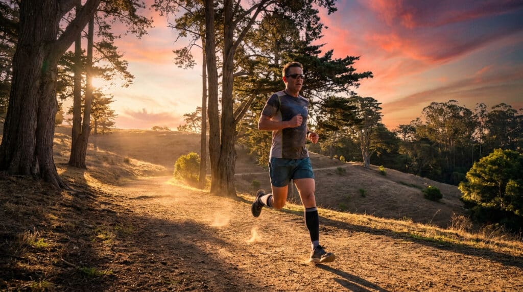 Un coureur d'âge mûr court sur un sentier en forêt au coucher du soleil.