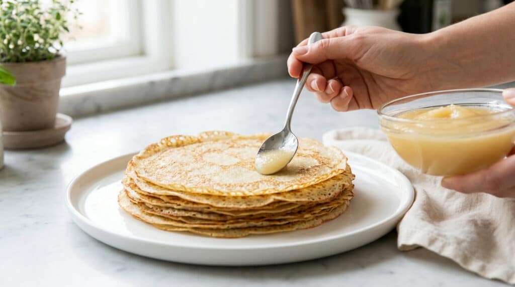 Main étalant de la compote de pommes sur une pile de crêpes fines, posées dans une assiette blanche.