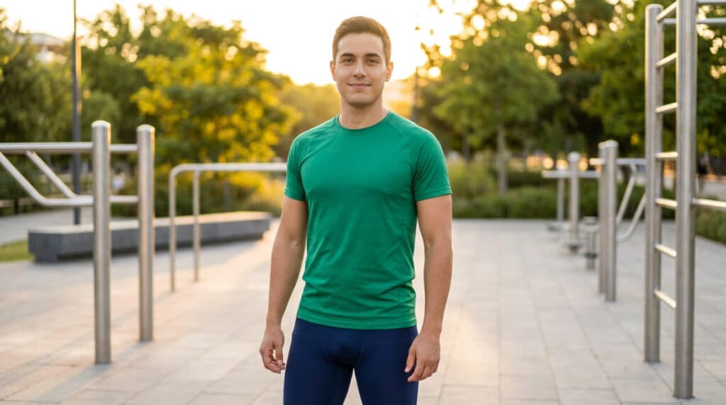 Un homme souriant en tenue de sport se tient dans un parc de street workout au coucher du soleil.
