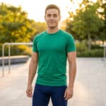 Un homme souriant en tenue de sport se tient dans un parc de street workout au coucher du soleil.