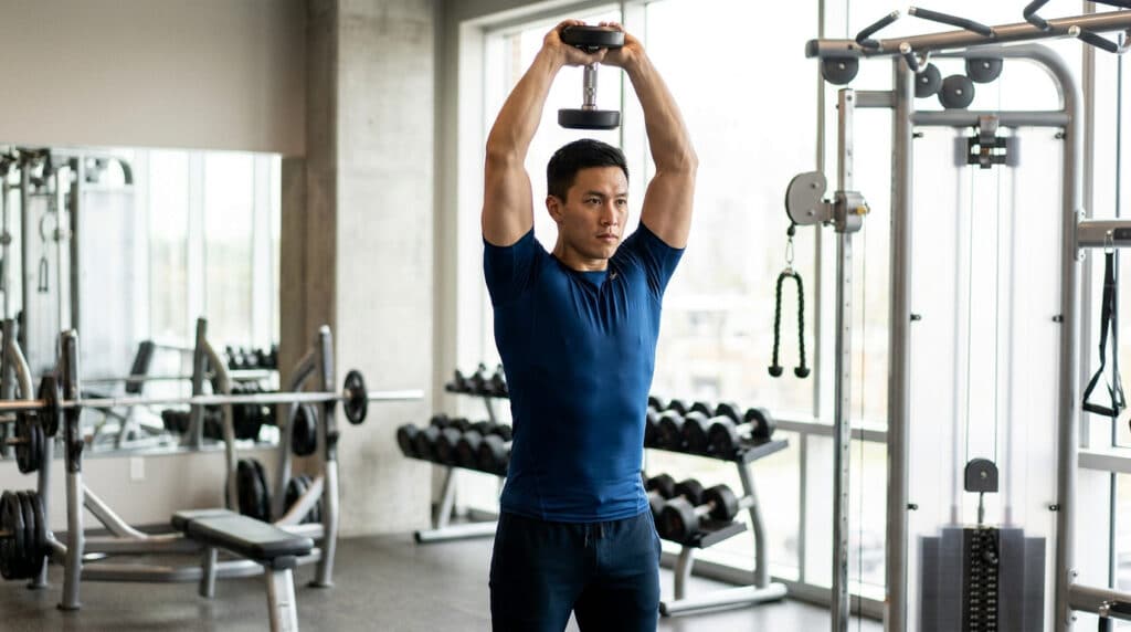 Homme faisant des extensions de triceps avec un haltère au-dessus de la tête dans une salle de sport lumineuse.