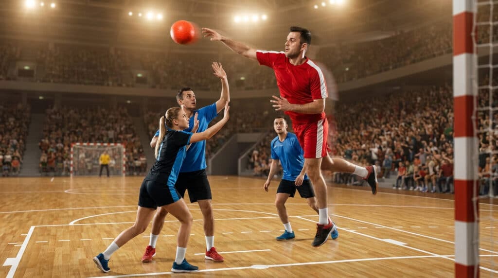 Joueurs de handball en pleine action lors d'un match intense dans une salle remplie de spectateurs.