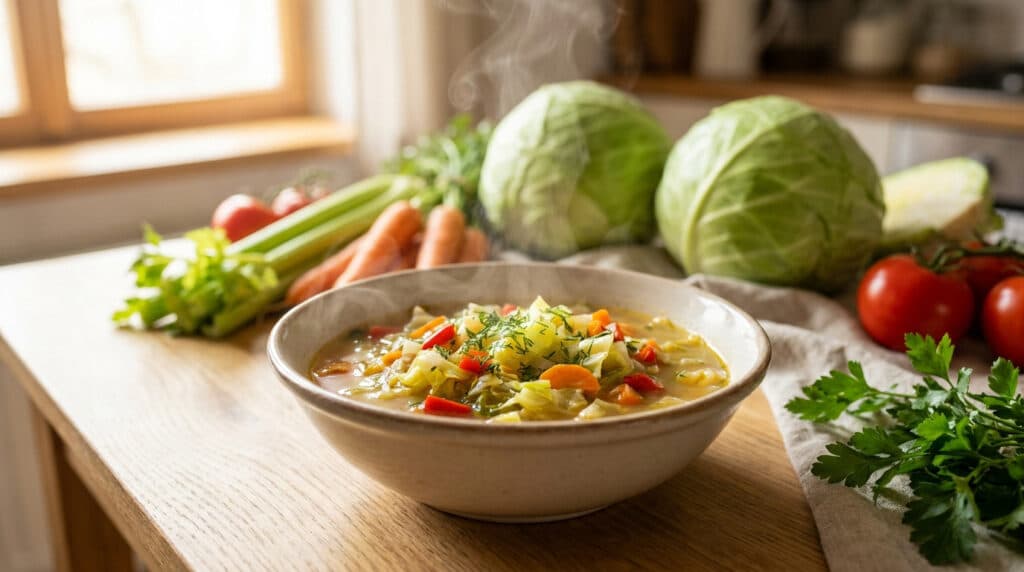 Bol de soupe aux choux fumante entouré de légumes frais sur une table en bois ensoleillée.