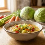 Bol de soupe aux choux fumante entouré de légumes frais sur une table en bois ensoleillée.