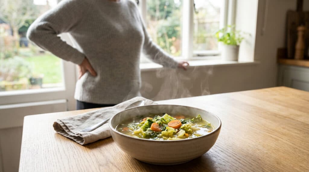 Un bol fumant de soupe aux légumes avec du chou, posé sur une table en bois devant une personne en arrière-plan.
