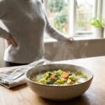 Un bol fumant de soupe aux légumes avec du chou, posé sur une table en bois devant une personne en arrière-plan.