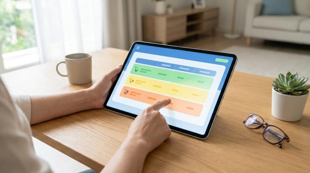 Une personne consulte un tableau de suivi de la glycémie sur une tablette numérique, assise à une table en bois.