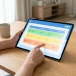 Une personne consulte un tableau de suivi de la glycémie sur une tablette numérique, assise à une table en bois.