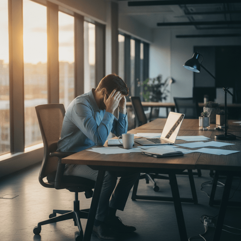 Homme stressé travaillant au bureau au coucher du soleil.